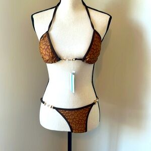 NWT Cheetah print/ Pearl hardware bikini top-S + bottoms-L